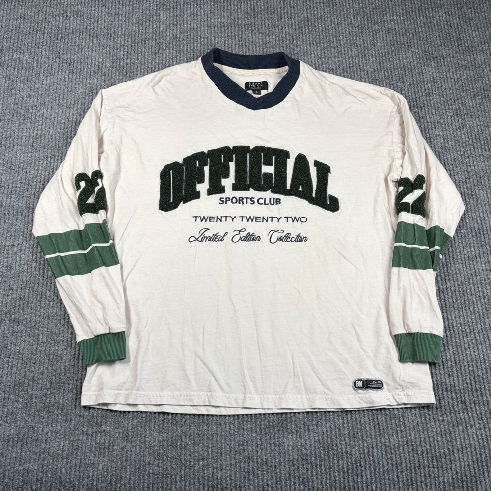 BoohooMAN Official Shirt Mens S Sports Club Long Sleeve Cream Green 22